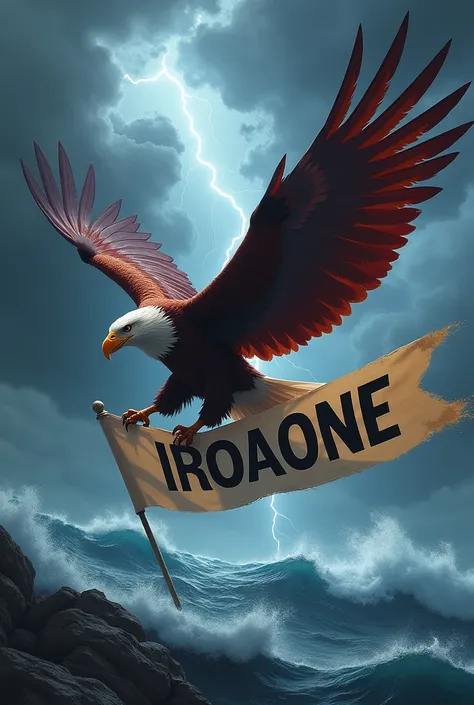 A maroon eagle flying over a storm holding a banner with the typology IROAONE in capital letters