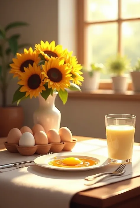 Afternoon, sunflower milk and eggs on the table