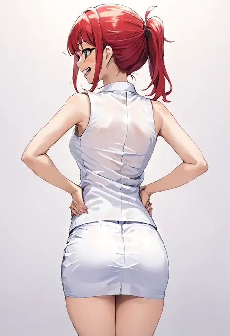 TogaHimiko,White sleeveless blouse with sexy short pencil skirt , grin,(Standing position raised),(From the back highlighting ass) 