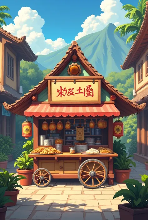 A small square where there is a cart/pastel stall where they have some capybara pastries, SUGARCANE JUICE, Pinion, sago, Hotness, does, mountain water, ginger beer, gender, with a sign listing all these items. this is all for a game