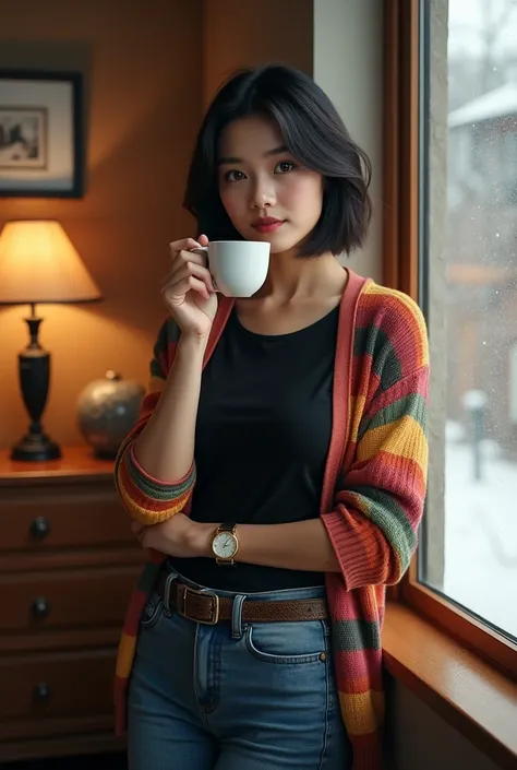 face turned owards the camera,a beautiful japanese girl, 30 year old,big breasts,short souldier hair,wearing a black t-shirt and gardigan with red yellow green striped motif and skinny blue jeans.right hand holding a cup of warm white ceramic coffee, stand...