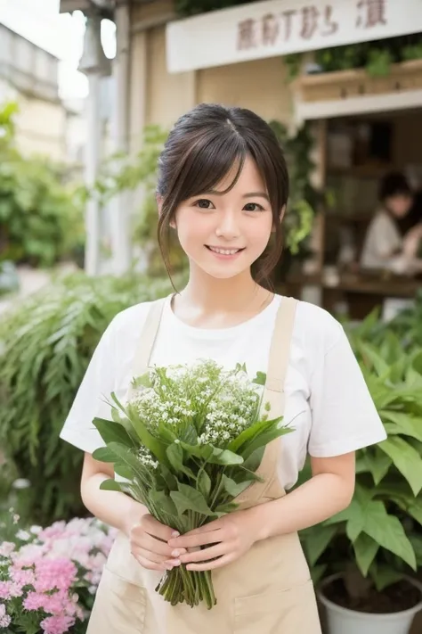 Realistic, photoRealistic, detailed, beautiful, RAW Photos, Film Grain, (Natural light :1.2), View your viewers, Cute Japanese Woman, 25years old, smile, waist apron, Bust size slightly larger than mid-size, White T-shirt,  Florist clerk, Florist job, A la...