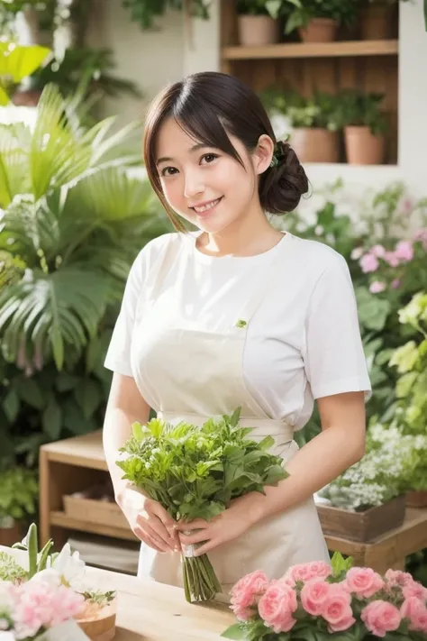 Realistic, photoRealistic, detailed, beautiful, RAW Photos, Film Grain, (Natural light :1.2), View your viewers, Cute Japanese Woman, 25years old, smile, waist apron, Bust size slightly larger than mid-size, White T-shirt,  Florist clerk, Florist job, A la...