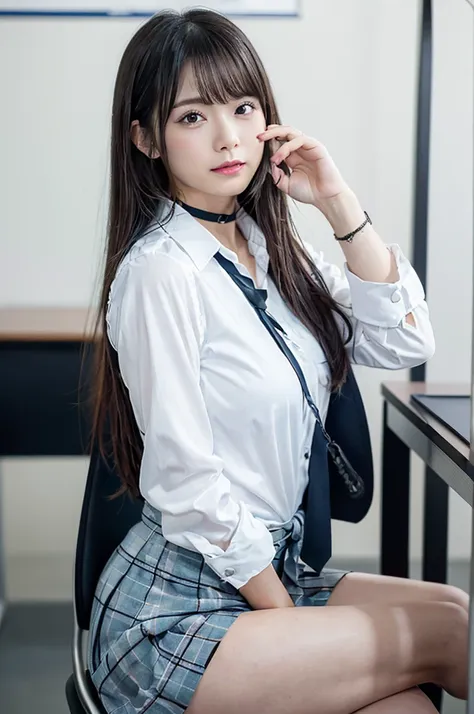 beautiful 1 schoolgirl、bangs、long black hair、white collared blouse、skirt、model body type、excellent style、full body shot、big brea...