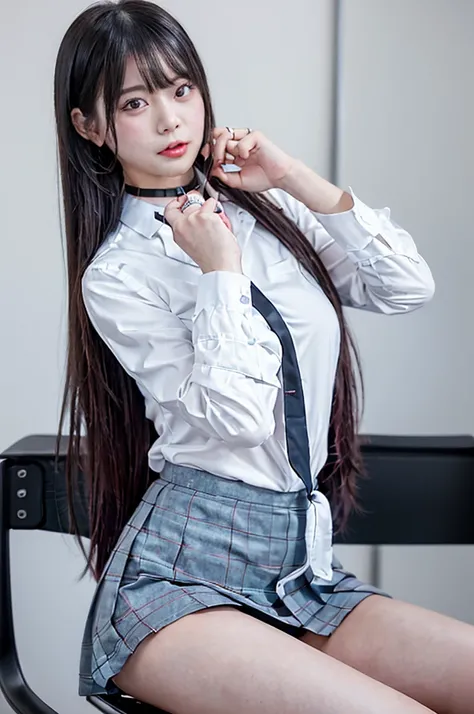 Beautiful 1 schoolgirl、bangs、Long Black Hair、White collared blouse、Fluttering Skirt、Model body type、Excellent style、Full Body Shot、Big Breasts、Facial features of a beautiful woman、Real classroom、((Sitting on a chair with legs apart))、((slouch))、Shooting fa...