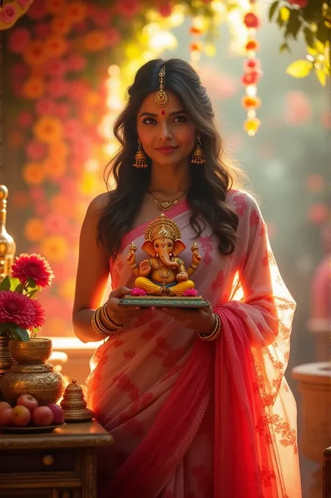 woman in a red and white transparent lace saree , holding a beautifully decorated Ganesh idol. The background features vibrant flowers, a brightly lit backdrop, and offerings on the table, capturing the festive atmosphere. She has a serene expression, with...