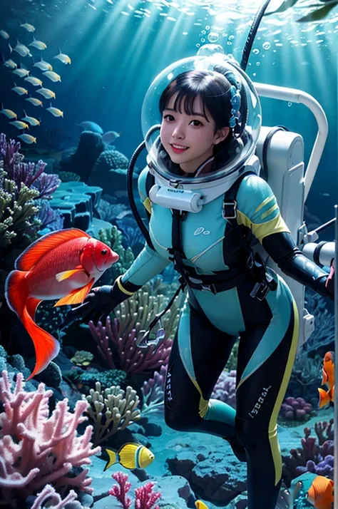 black hair, red eyes, eva helm, bubble helmet, space helmet tongue out, drooling,1girl, short hair, solo, looking at viewer, reaching, dappled sunlight, mysterious shadows,standing,best quality,masterpiece,((zero gravity,weightlessness,flying,floating in t...