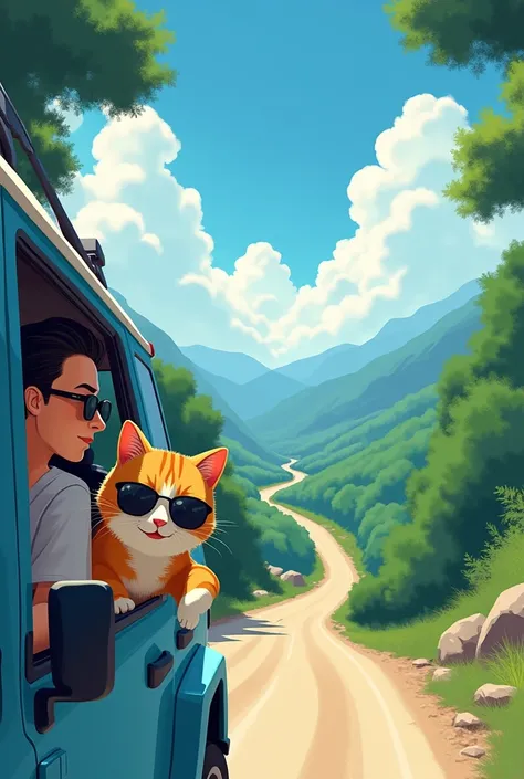 A small cat with owner wearing sunglasses is inside an SUV on vacation, with its head and paws sticking outside in motion blur, on a winding mountain road surrounded by green trees under a blue sky. The background features clear skies and white clouds, wit...