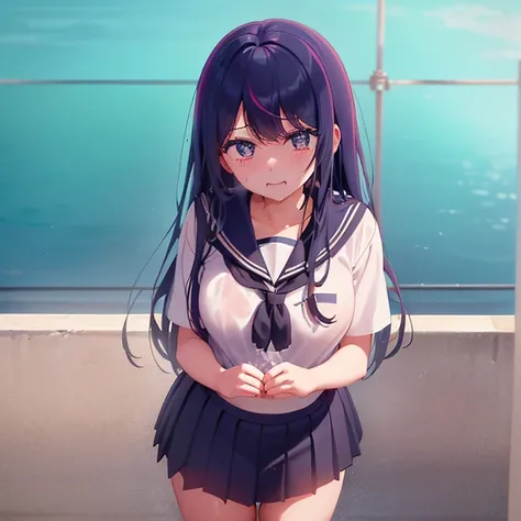 (Browsing Caution:1.2)、1 girl、、Sotol、bangs、Look at this、(((Summer uniform students are wearing sailor suits、Student Pleated Mini Skirt、Navy blue socks、She lifts the top of her sailor uniform to reveal her breasts)))、Place your hands behind your back、No und...