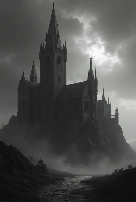 gothic vampire castle exterior black and white full view