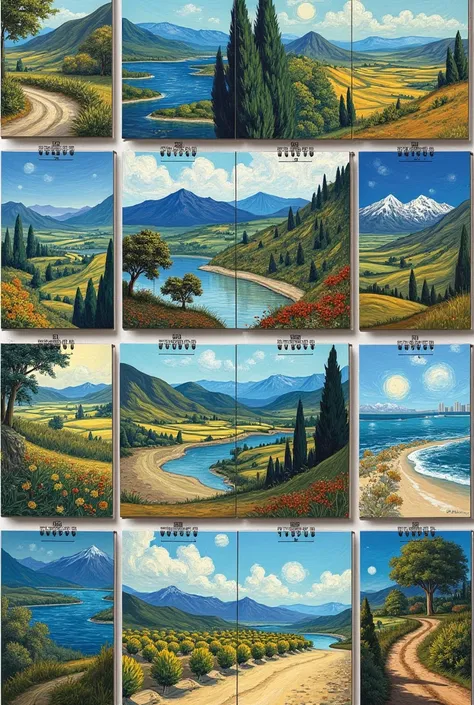 Calendar, with van gogh painting on side, show all 13 pages, different scenery paintings each
