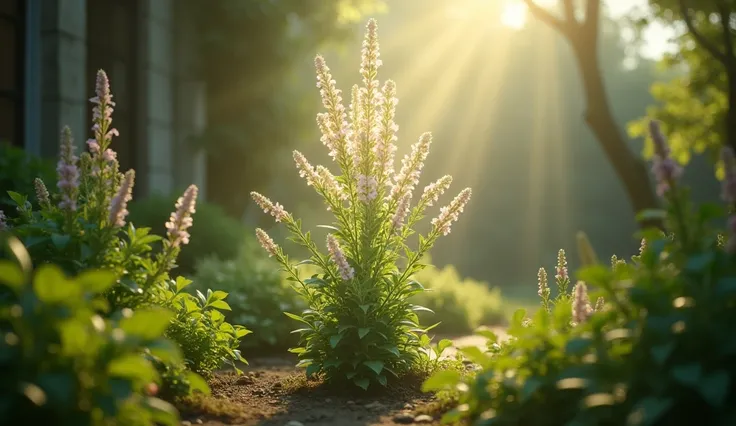 An artemisia plant blooming in a small garden, surrounded by an aura of divine light. The image conveys a sense of hope and simplicity, showing how something so modest can be so powerful. (High definition, cinematic style, hyper-realistic, 16:9)

