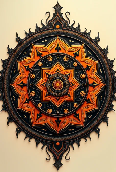 Make a mandala art which has a colour scheme of ocre and black colour..it should have 4 layers of design..the photo should have only circle