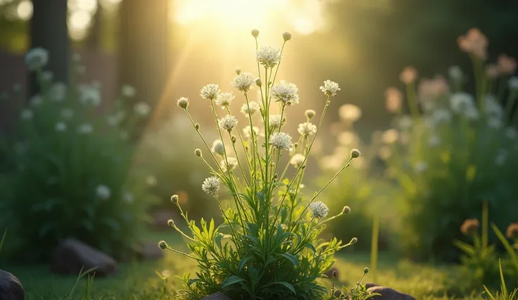 An artemisia plant blooming in a small garden, surrounded by an aura of divine light. The image conveys a sense of hope and simplicity, showing how something so modest can be so powerful. (High definition, cinematic style, hyper-realistic, 16:9)

