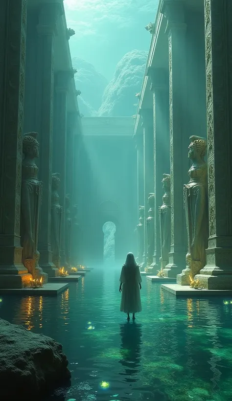 a mythical submerged city of atlantis, massive golden temples and intricate marble statues covered in algae and coral, ghostly atlantean figures in ornate robes floating through the streets, calm waters illuminated by glowing jellyfish, soft bluish-green l...