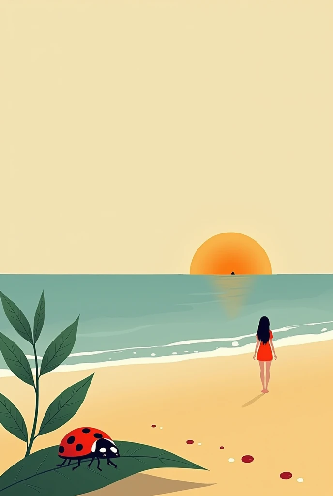 create half minimalistic cover for the book. little Coccinellidae seating on the small leaf, with smallest blood drops on it, and looks at the sun. women stands alone on the beach looks at the deep orange sun. leaf leis in the corner, at the golden sand be...