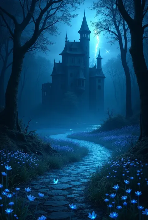 A ray of light shines on a dark, dilapidated castle deep in the forest at the end of a trail that leads deep into the forest.。There is a small lake and little fairies fly through a light blue flower field.。Overall jet black blue base。Draw a little more det...