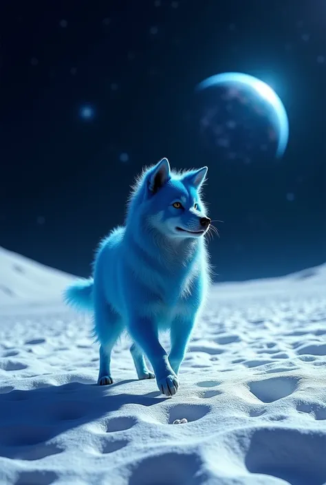 A blue dog walking on the moon