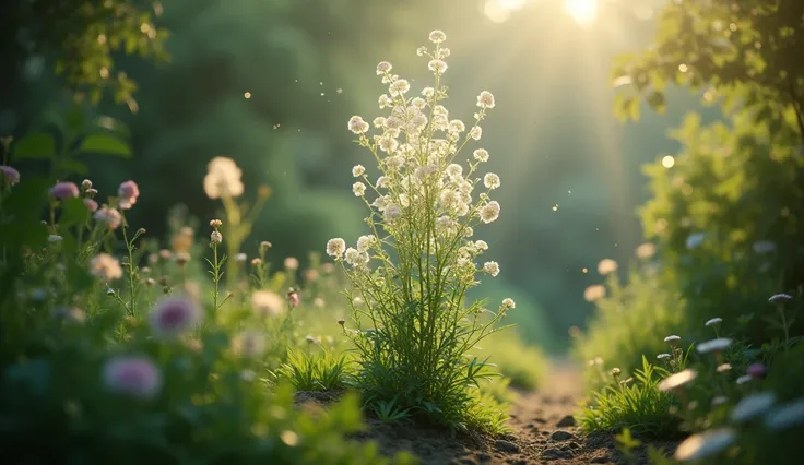 An artemisia plant blooming in a small garden, surrounded by an aura of divine light. The image conveys a sense of hope and simplicity, showing how something so modest can be so powerful. (High definition, cinematic style, hyper-realistic, 16:9)

