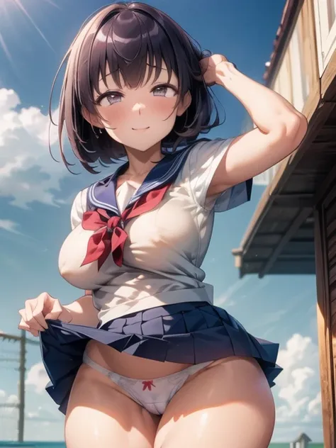 She is wearing a sailor suit，Her skirt is very short and her thighs are very white, The whiteness of her thighs is accentuated by her tanning，Her skirt is so short that her underwear is visible，She has a very erotic figure.，smile, outdoor，her boobs are sag...