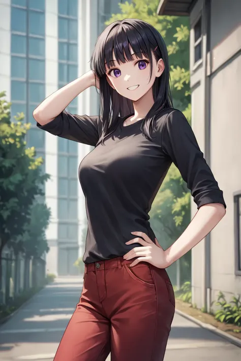 core_9, score_8_up, score_7_up, score_6_up, rating_safe, source_anime, best quality, masterpiece, detailed background, detailed eyes, outdoors, school, hand on hip, kurugaya yuiko, black hair, purple eyes, medium breasts, full breasts, black  shirt, red pa...