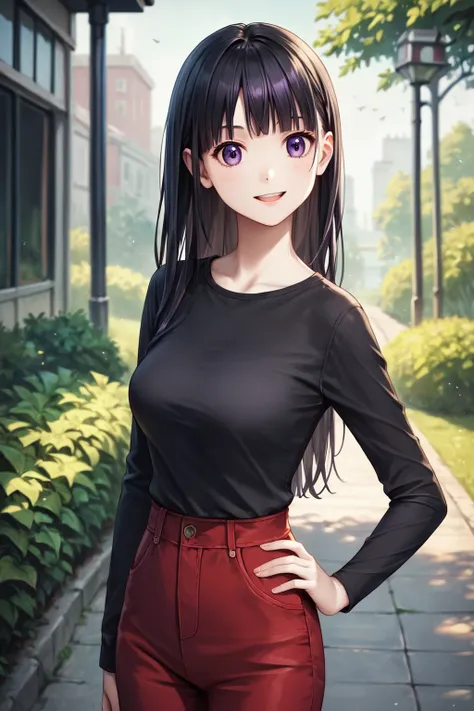 core_9, score_8_up, score_7_up, score_6_up, rating_safe, source_anime, best quality, masterpiece, detailed background, detailed eyes, outdoors, school, hand on hip, kurugaya yuiko, black hair, purple eyes, medium breasts, full breasts, black  shirt, red pa...