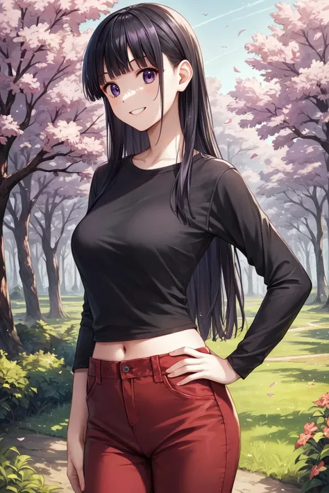 core_9, score_8_up, score_7_up, score_6_up, rating_safe, source_anime, best quality, masterpiece, detailed background, detailed eyes, outdoors, school, hand on hip, kurugaya yuiko, black hair, purple eyes, medium breasts, full breasts, black  shirt, red pa...