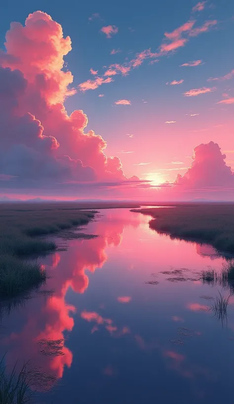 High quality masterpiece, landscape, 地面にreflectionする空, The ground is a mirror, Reddish clouds, evening, The entire lower half is showing the sky, Clouds moving towards the foreground, sunset, Reddish sky, The wind is blowing this way, Concept Art, Lofi Art...