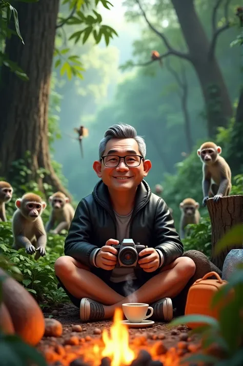 karikatur 3d, photo of an Indonesian man,(grey hair cut) wear glasses, smile, neat short hair, quite fat, black jacket, shorts, sitting holding the camera, camping in the middle of the rainforest and there are big trees, surrounded by many monkeys and bird...