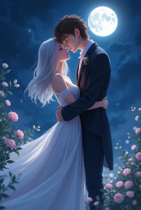 A couple kissing at night. The woman with silver hair and blue eyes and the man with brown hair and intense green eyes.  She wears a white dress and he wears black clothes. 

