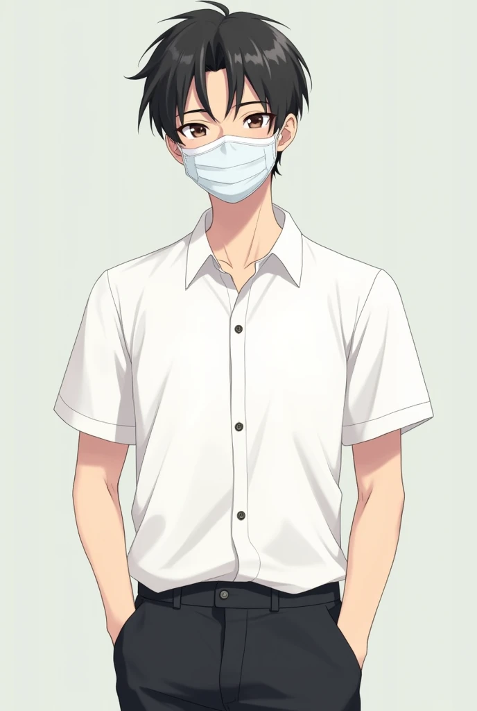 Anime boy Student white shirt 👕 and black pants with face mask and healthy 
