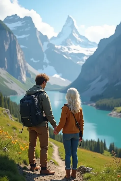 A young couple in the Swiss Alps holding hands ( man with light brown hair, platinum hair woman)
