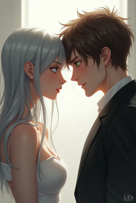 A couple arguing. 
The woman with silver hair and blue eyes and the man with brown hair and intense green eyes.  She wears a white dress and he wears black clothes. 

