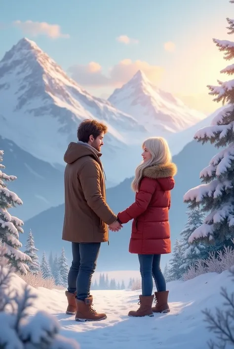 A young couple in the winter Swiss Alps holding hands ( man with light brown hair, platinum hair woman)
