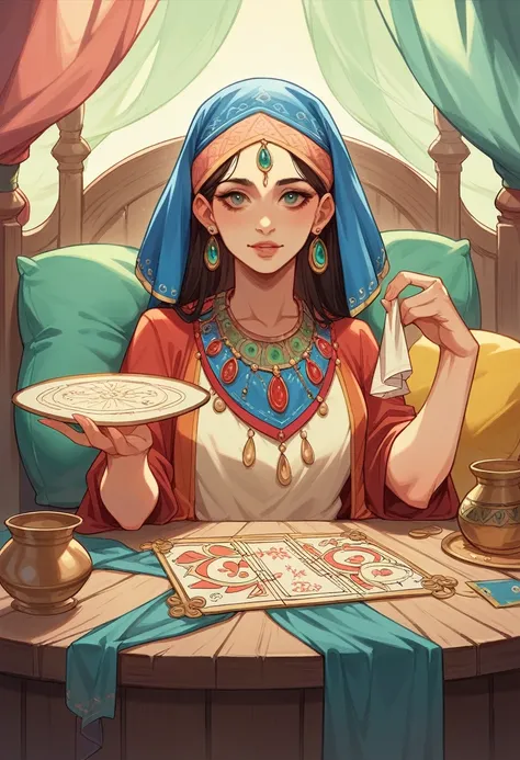 A realistic depiction of a gypsy woman sitting at a table, holding a pillow in one hand, while the other is next to the tarot cards spread out on the table. the focus is on her face, showing an expressive and thoughtful look. she has long hair, dark and wa...