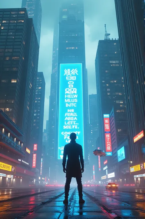 Sci-Fi Thriller: "A futuristic cityscape with towering skyscrapers and neon lights, where sleek flying vehicles zoom past. In the foreground, a lone detective in a high-tech suit stands under a glowing billboard, looking up at a massive digital screen disp...