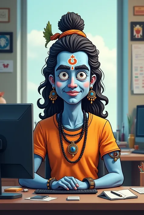 Shiva Cartoon Using Computer on Desk . a man.
Wearing an orange shirt. 