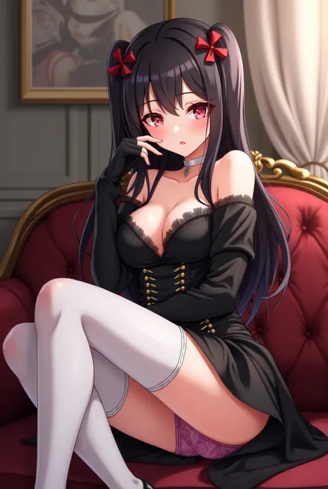 Japanese female anime character,((masterpiece)), (((best quality))), 1girl, sweetlip, black outfit, navel, white thighhighs, elbow gloves,  gloves, high heels, skirt, pink panties, sitting on sofa  