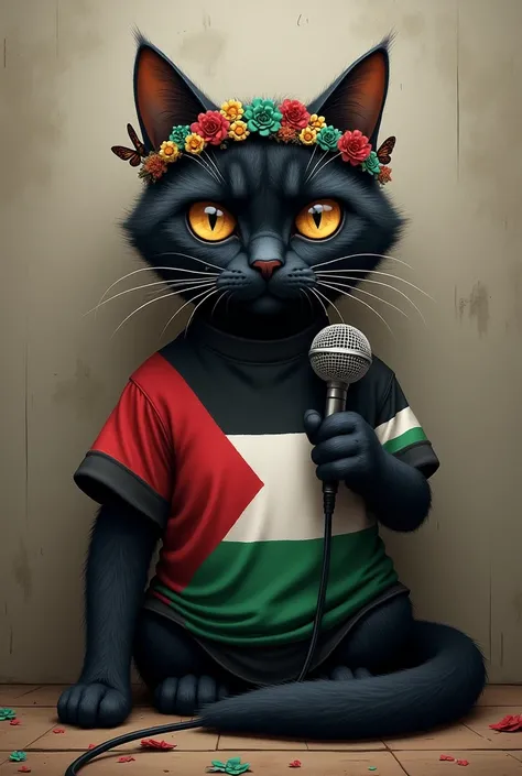 A beautiful sad cat having black eyes wearing Palestine flag shirt having hairband on her head butterflies and flowers on it wearing clothes having mike on her hand sitting ang back a Wall and made Palestine flag