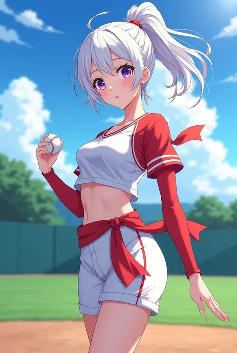 HD、Animation style、white hair 、Purple Eyes、girl、High school student 、single ponytail、Baseball player、Light color short sleeve top、Long sleeve red underwear、plump breasts、Good shape、Thin、sash、Sky、cloud、sunny、Baseball field