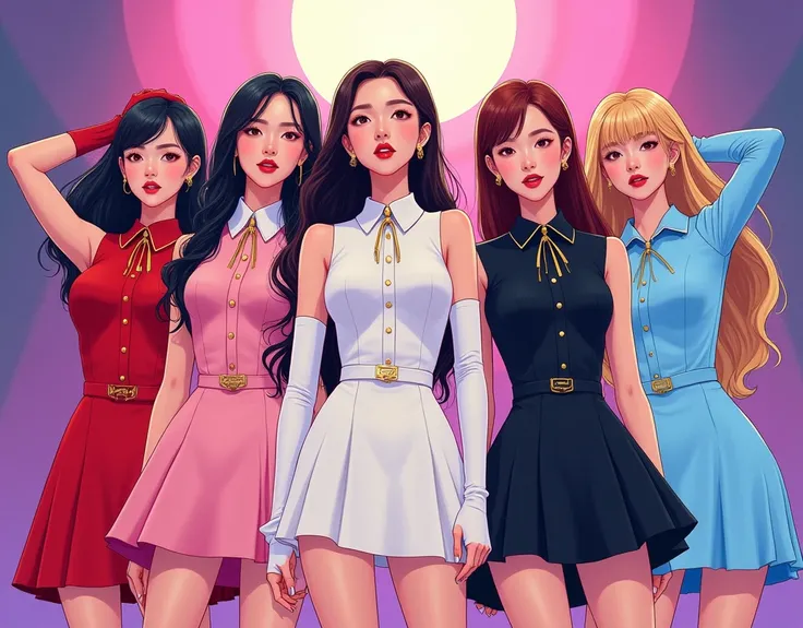 k-popガールズグループ「Thea」, Costumes based on school uniforms,  From the left: Athena in red、Aphrodite in pink outfit、Hera in white、Artemis in black、Goddess Iris in light blue outfit, concert, Korean comic style, Thick outline, Flat Color