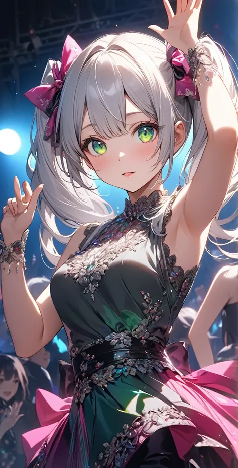 Ultra high resolution, rich colors, perfect image, top quality, detailed image, beautiful woman, glowing skin, skin and clothing texture, delicate eyes, live concert, waving penlight, audience, silver hair twin tails, green eyes