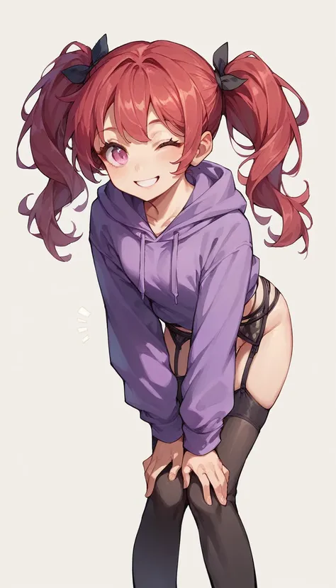 1girl, (red hair, pigtails, pink eyes, purple hoodie, black miniskirt, black garter belt, black thigh-high stockings, black plim...