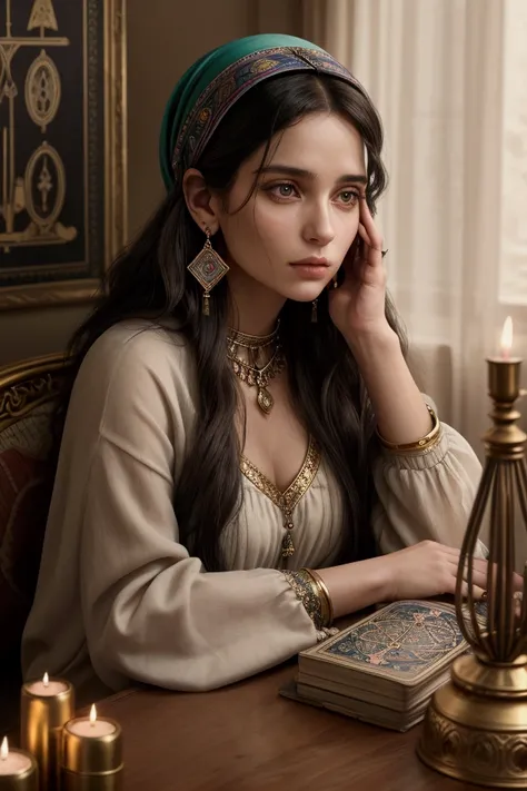 A realistic depiction of a gypsy woman sitting at a table, holding a pillow in one hand, while the other is next to the tarot cards spread out on the table. the focus is on her face, showing an expressive and thoughtful look. she has long hair, dark and wa...