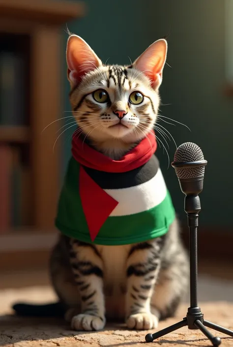 A beautiful small cat wearing Palestine flag shirt and also made Palestine flag on a body. Stand near the mic and can talking 