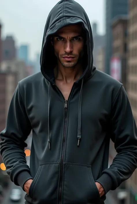 smouldering model, full body photo angle wearing a dark grey cotton zip-up sweatshirt with kangaroo pocket, hooded with a New York City backgroun