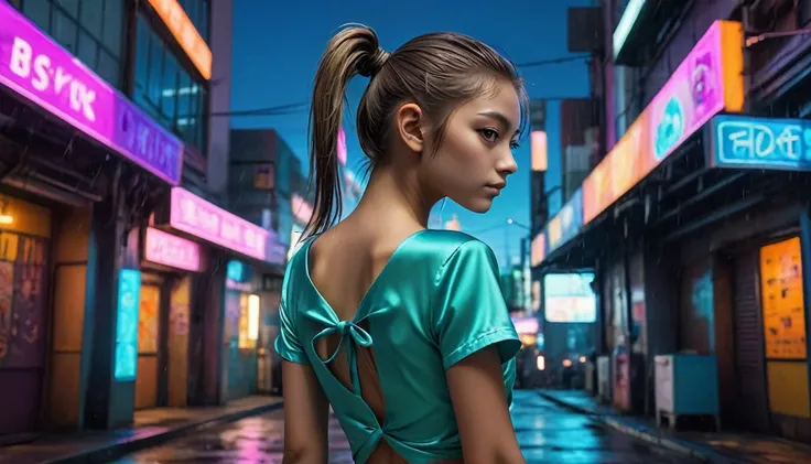 Highest quality, masterpiece, High resolution, 8k, Broad goals, Full Body Shot, ((Skinny Cute Girl, barely legal, , (Solid tie back twist front backless satin top、Deep neckline, Short sleeve, Very revealing), DD cup breasts, Highly detailed face, Detailed ...