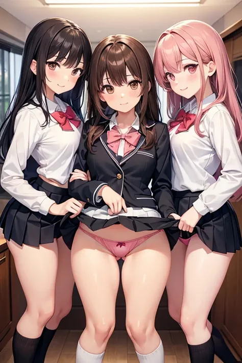 two anime style cartoon girls with bikinis and panties on and two of them have their bums covered while the other two are sticking their bums out, multiple girls, brown hair, underwear, panties, skirt, 3girls, pink panties, loafers, looking at viewer, bow,...