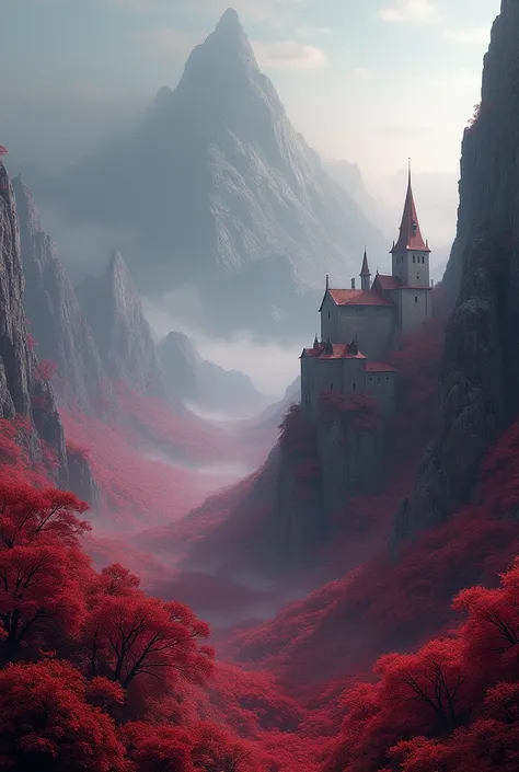 A red valley with medieval architecture and ghostly mountains