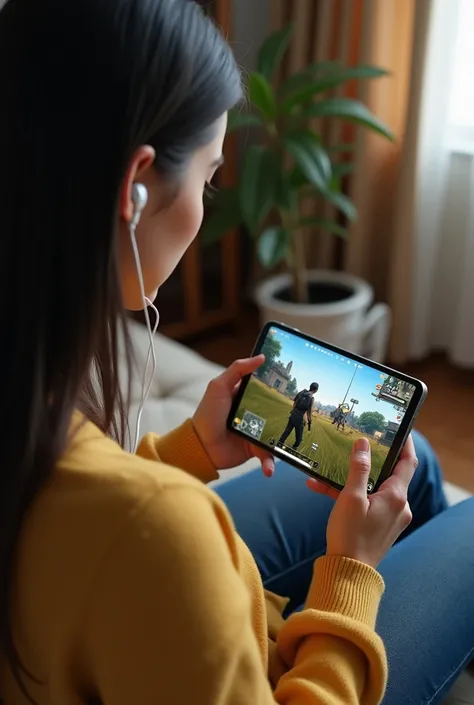 “A woman with long dark hair sits on a couch, wearing a light yellow sweater and white wireless earphones. The view shows her from her full face to her waist, without revealing her legs. She is focused on her tablet, holding it with both hands in a horizon...